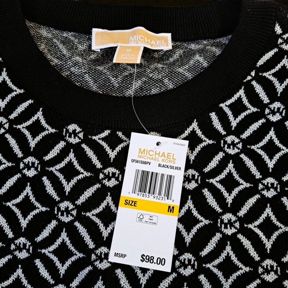 Michael Kors Size Medium (10-12) Black and Grey Logo Jacquard Sweater NW - Picture 9 of 13